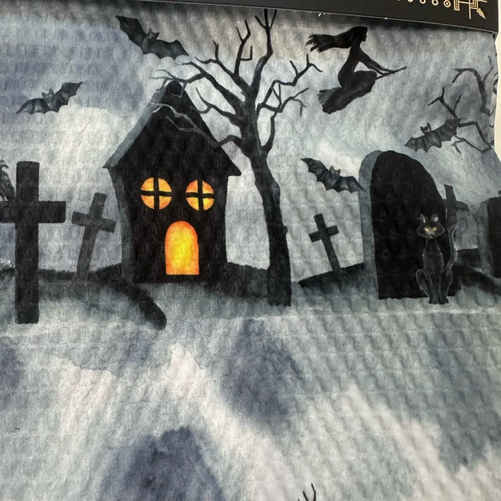 Spooky Lane Halloween Haunted House Graveyard Shower Curtain - Black and Yellow